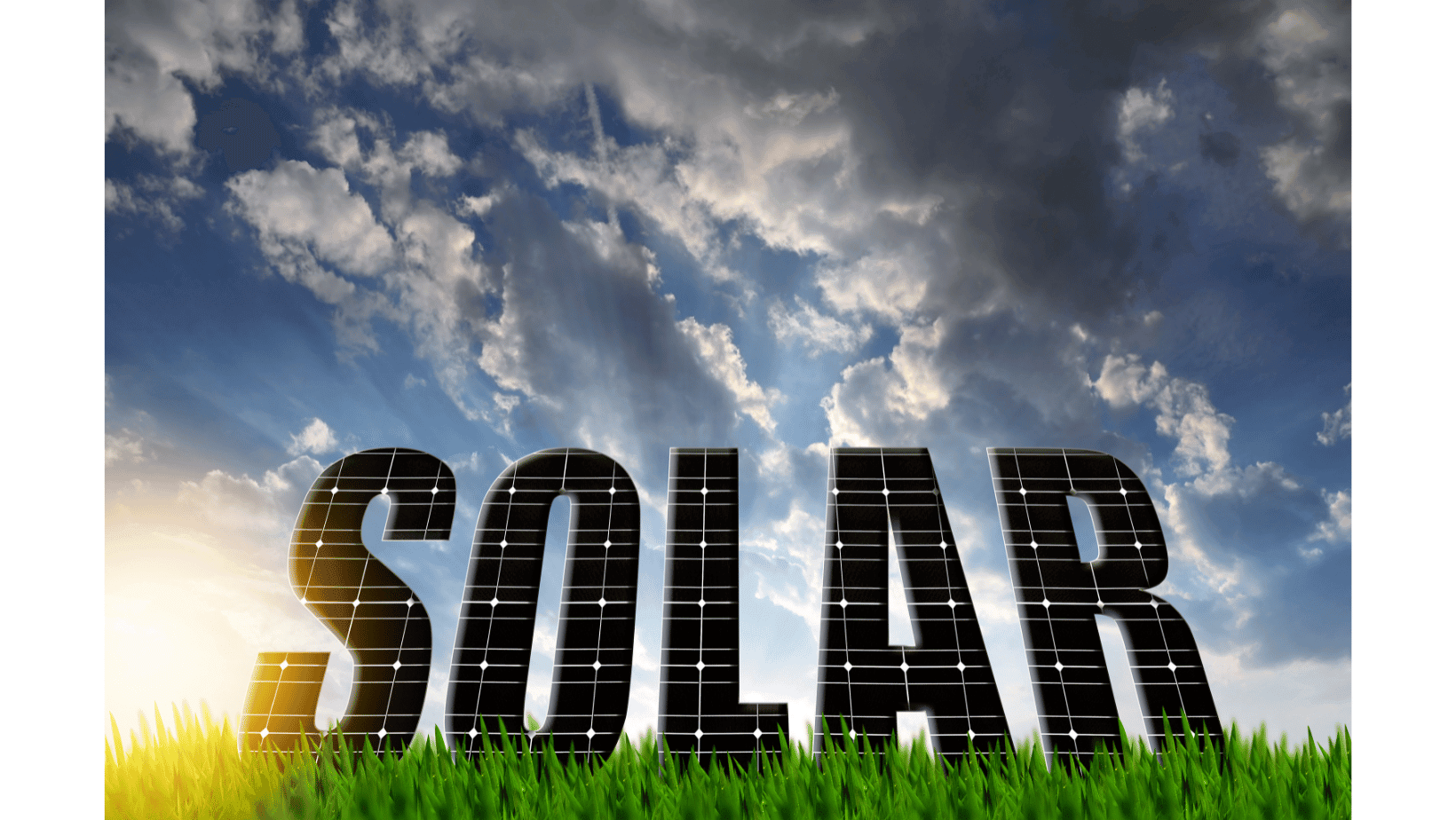 3D letters spelling 'SOLAR' with solar panel texture against a cloudy sky and grass.