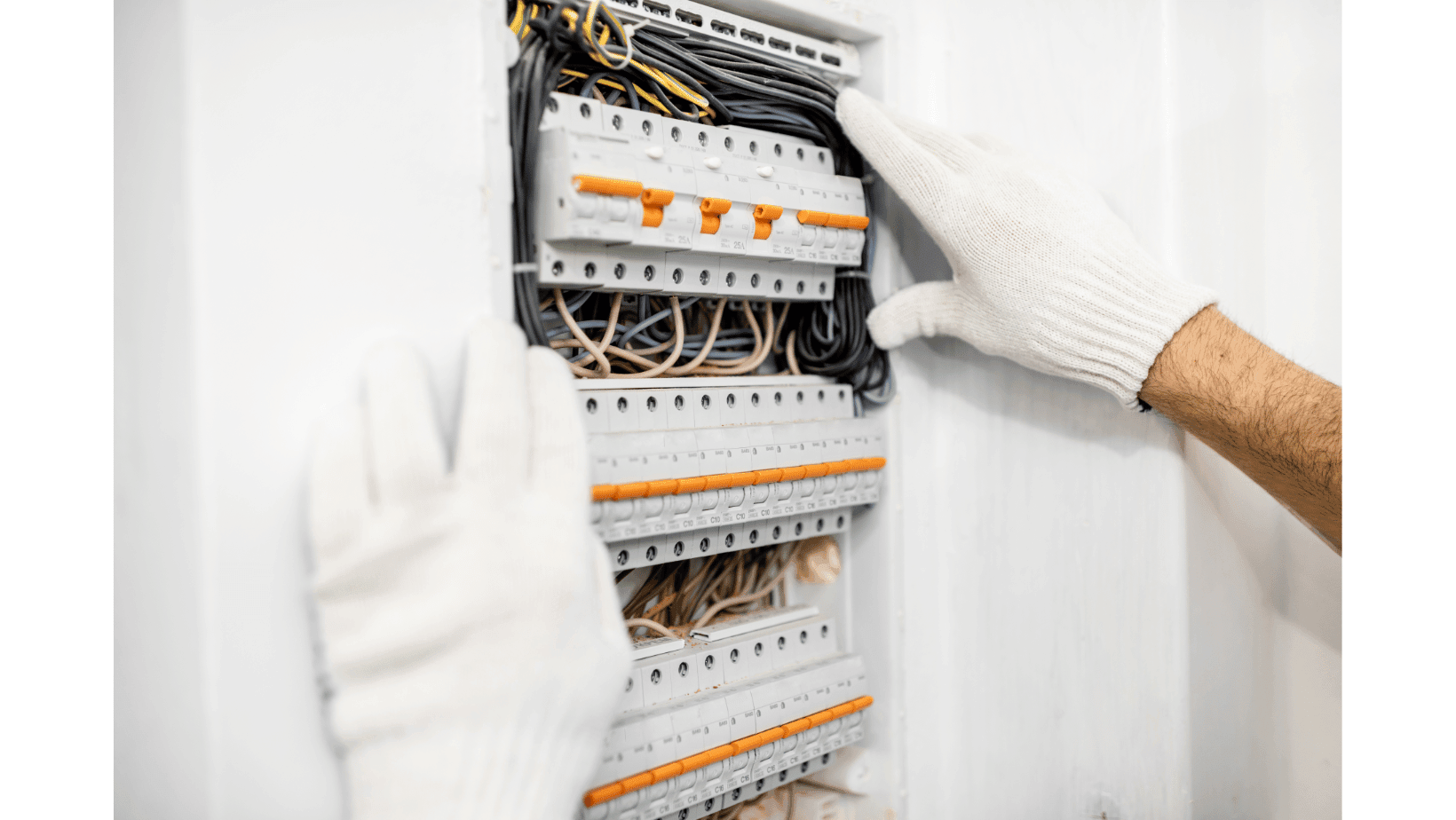 Electrician's hands in white gloves working on a circuit breaker panel with multiple wires and switches.